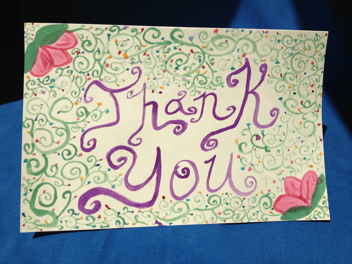 Hand Painted Thank You Card Featuring Vines and Flowers