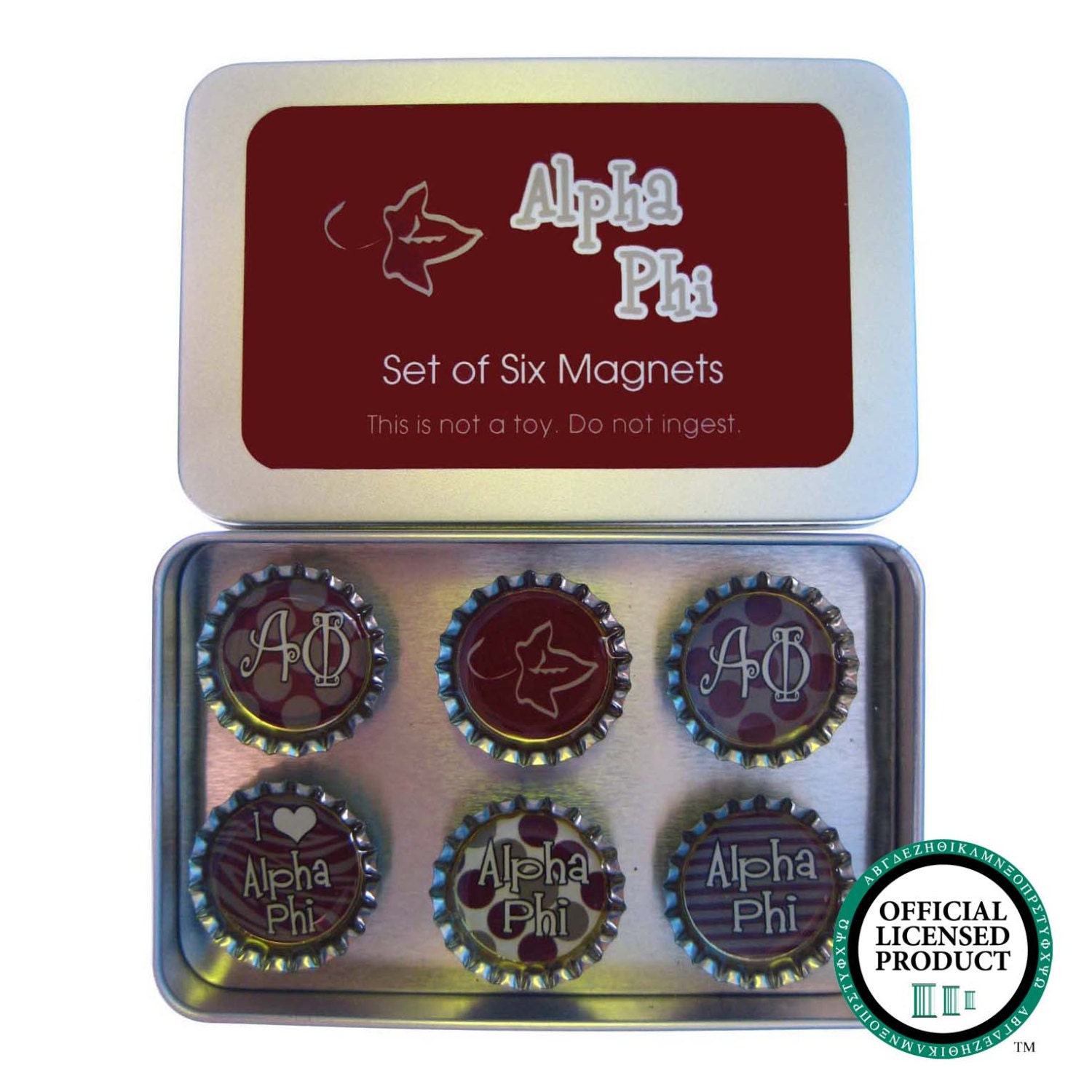 Alpha Phi Sorority Bottle Cap Magnet Set of Six in Gift Tin