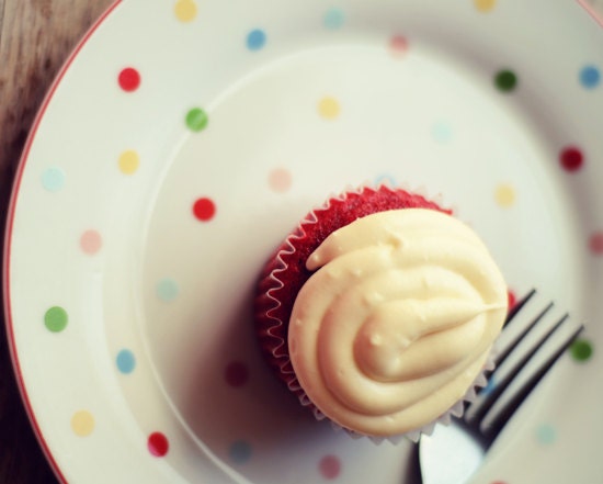 Kitchen decor-  food photograph, cupcake, polka dots, red velvet, sweet, colorful decor, kitchen photography, 8x10 print, fine art photo