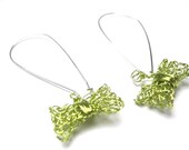 Knitted Wire Bow Earrings, Lime Green Chartreuse Knitted Wire Earrings