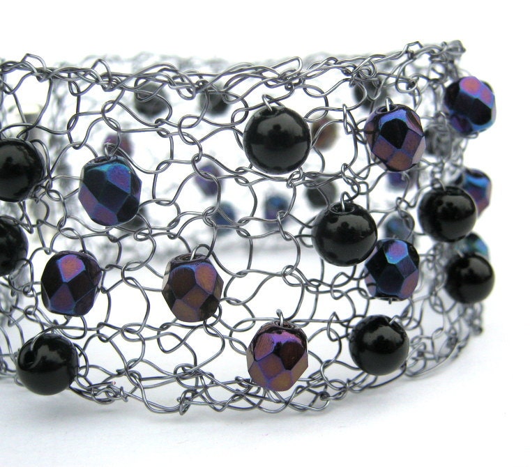 Black Iridescent Bracelet. Black Wire Knit Bracelet