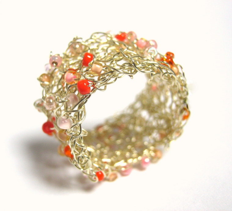 Peach Cocktail Ring, Knitted Wire, Orange Peach Apricot and Blush Beaded Ring