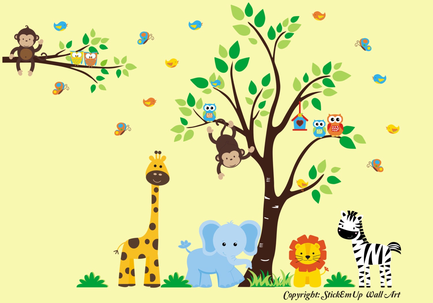 Tree Wall Decal with Giraffe, Elephant, Lion, Zebra, Branch,  Monkeys - Children Wall Decals  - Nursery Wall Decal - 369