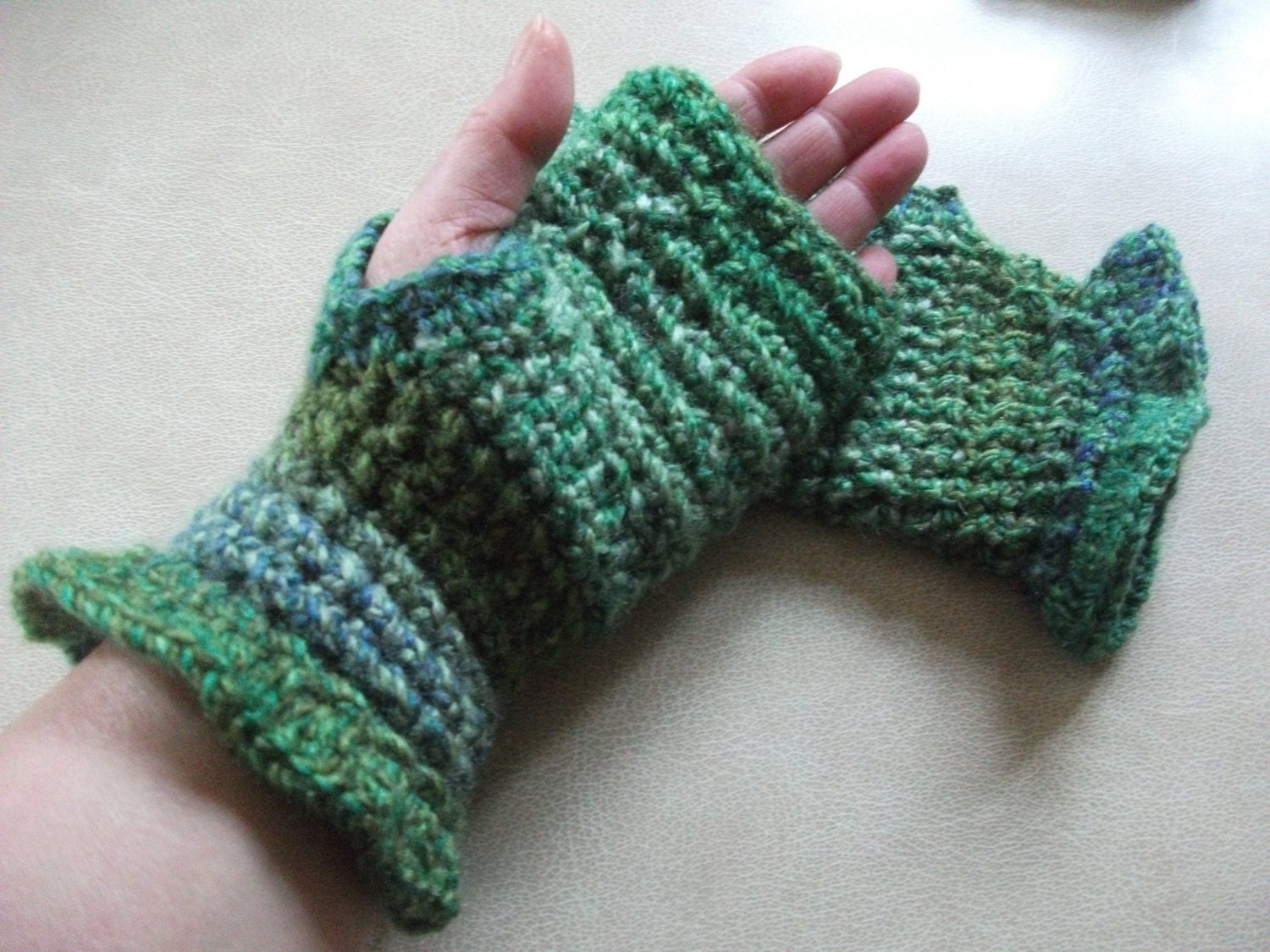 Crochet Ruffled Fingerless Mittens/Gloves - Greens. Accessories. Wristies, Wristwarmers, Handwarmers.