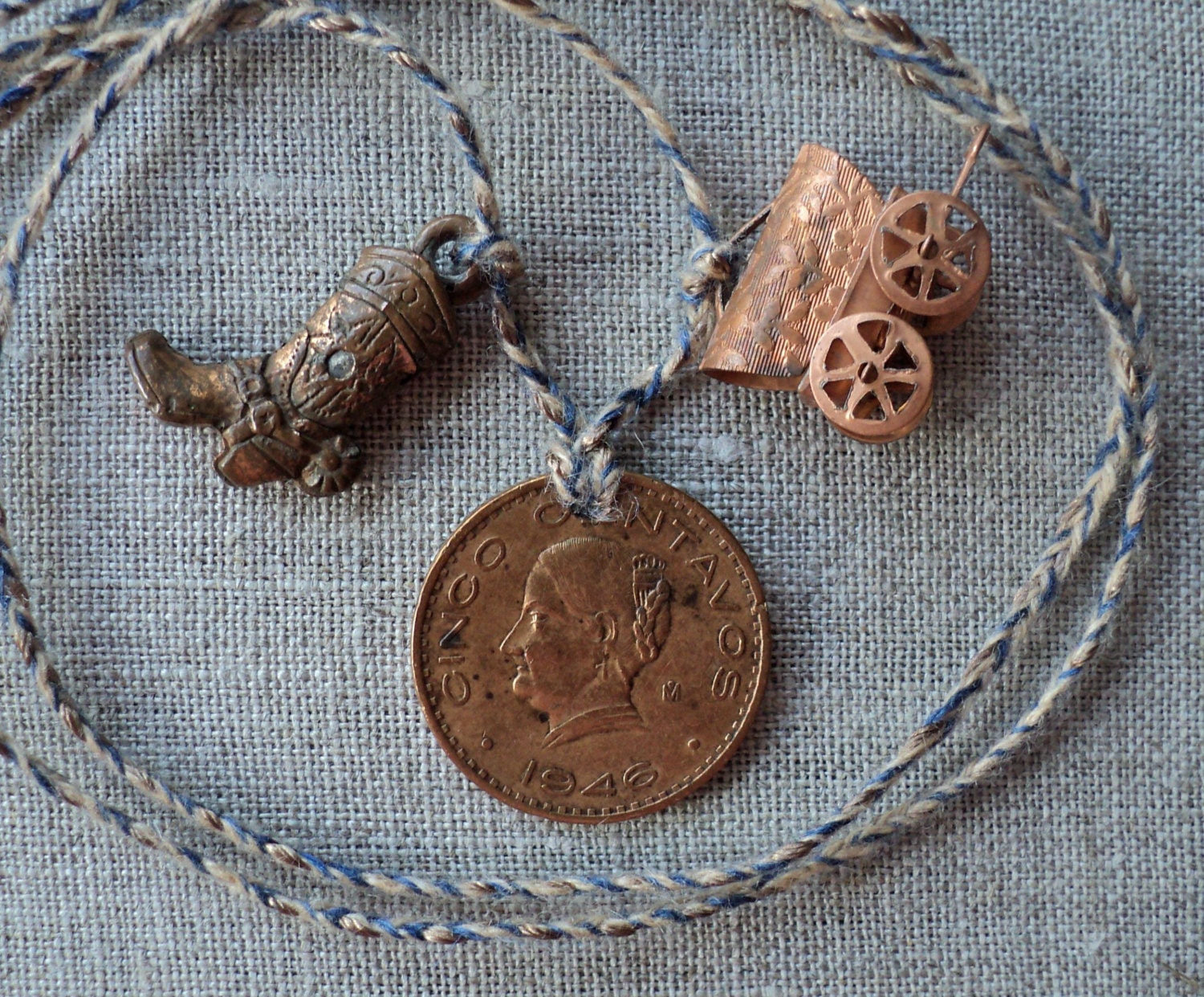 Vintage copper cowboy boot stagecoach coin necklace
