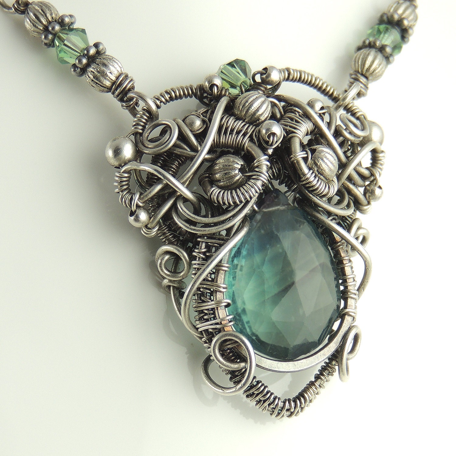Green Fluorite and Sterling Silver Sculpted Necklace, Goddess Collection - Medusa