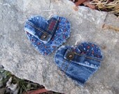 Earrings - Heart Shaped Recycled Abercrombie Denim - Big and Bold - Upcycled - Hand-Beaded