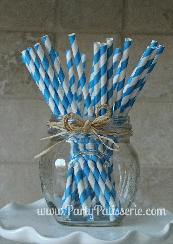 25 Blue and White Stripe Paper Party Straws