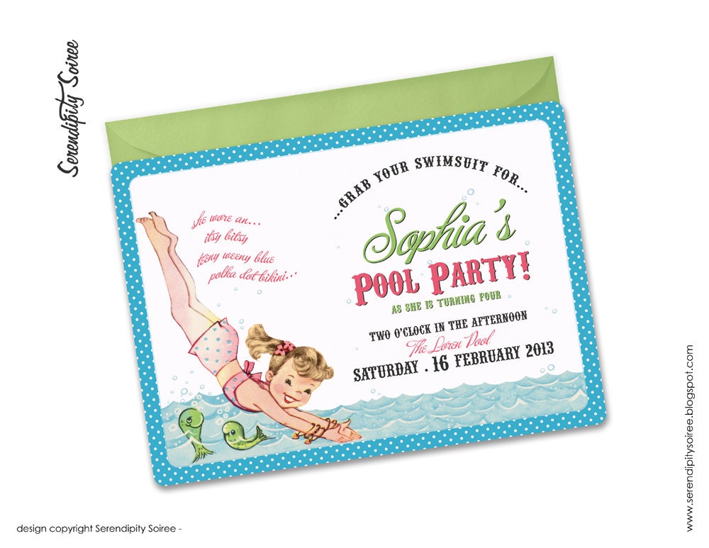 Vintage Pool Party- Custom Printable Invitation (blue) - Beach Party, Swimming Party, Pool Party, itsy bitsy teeny weeny Il_170x135