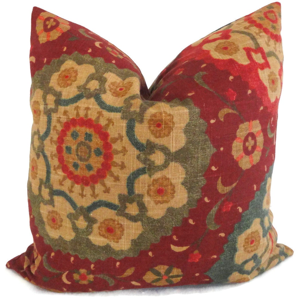 SALE Garnet, Blue, Gold Suzani Decorative Pillow Cover, 18x18, 20x20, 22x22, 14x20 or 12x24 - Accent Pillow, Throw Pillow, Toss Pillow