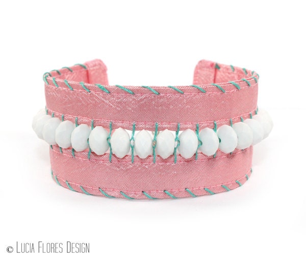 Beaded neon bracelet Bohemain Hippie embroidered cuff summer festival brights pink white turquoise by LuciaFloresDesign