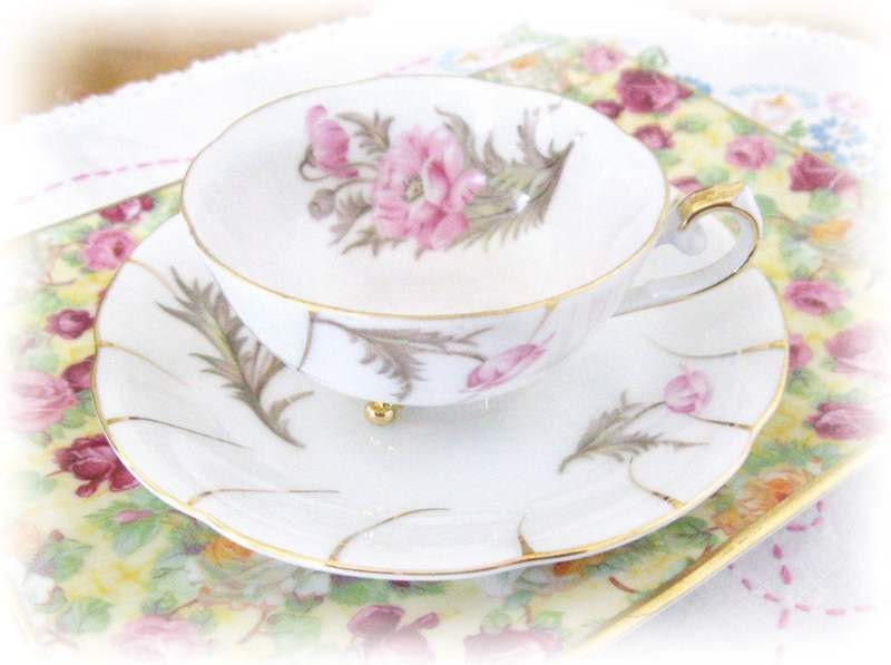 Vintage Cherry China Demitasse Teacup and Saucer, Pink ROSE BLOSSOM,Tri-Footed cup, Made in Japan