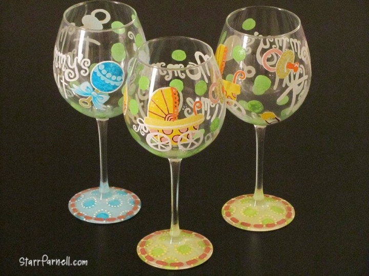 Mommy's Time Out Wine Glass Baby Shower Glass Custom Hand Painted Wine Glass