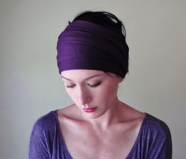 Purple Head Scarf - Plum Hair Wrap, Headband - Womens Hair Accessory - Violet Head Wraps, Womens Neck Bow