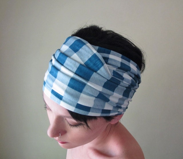 Gingham Head Scarf - Blue and White Plaid Headband, Hair Wrap - Checkered Summer Hair Accessory