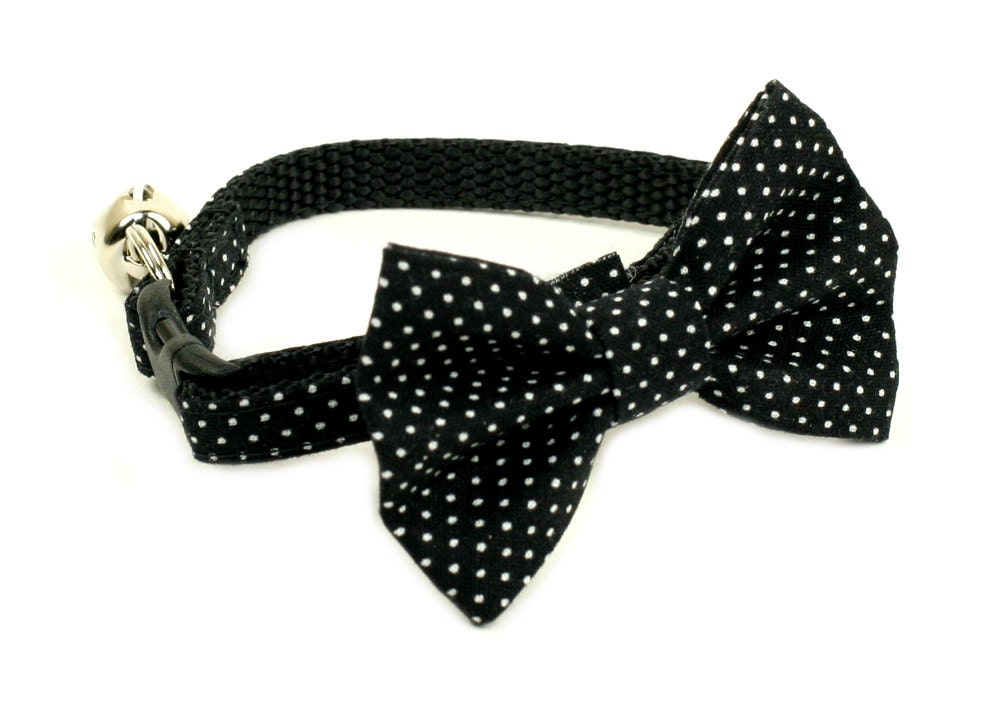 Cat Collar with Bow Tie - Black Polka Dots