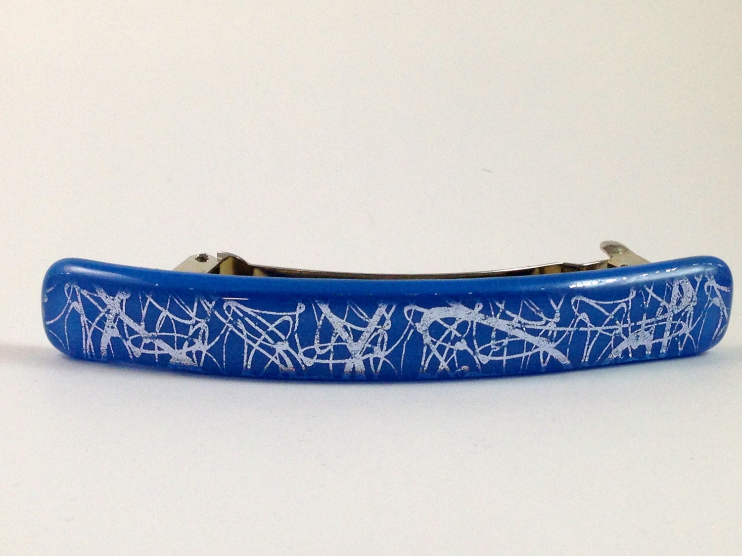 Fused Glass Hair Barrett - French Barrett -- Blue with Silver Dichroic Glass - 071