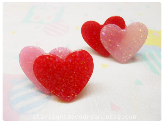 Double Heart Red & Pink Glitter  Resin Ring for  Fairy Kei Decora Kawaii Cute Fashion