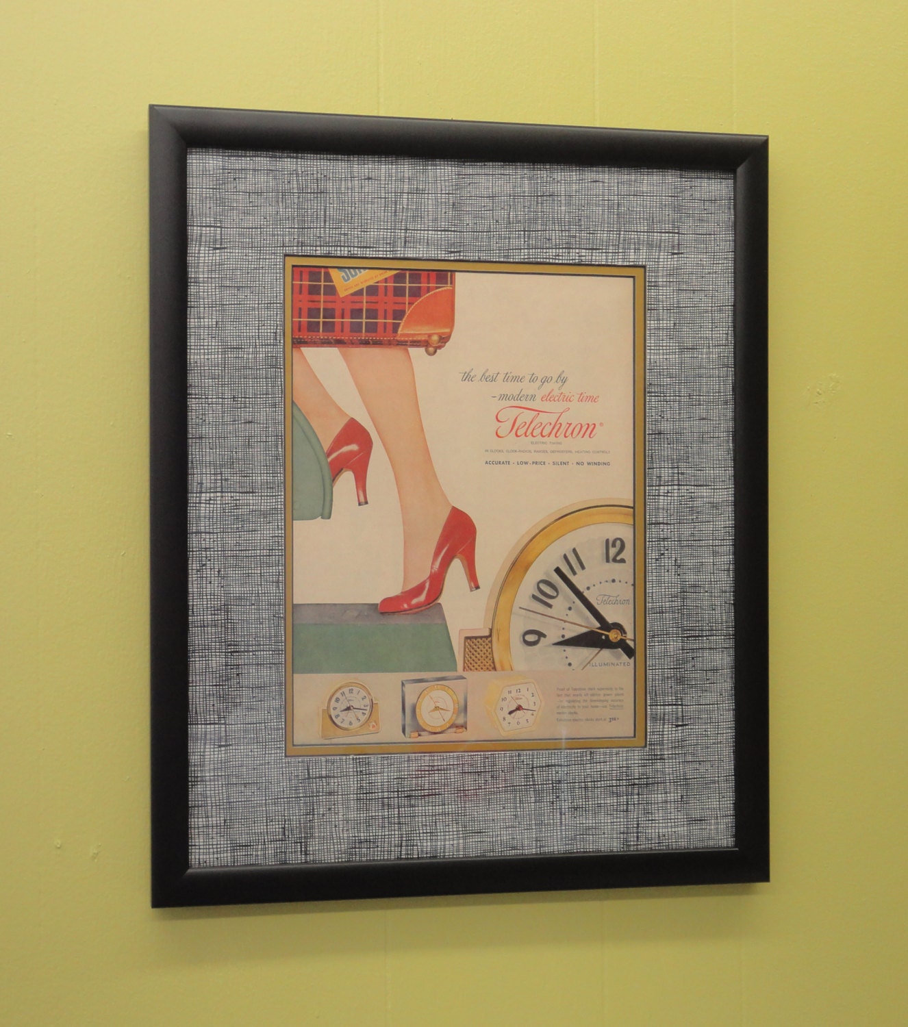 Vintage Telechron Clock Advertisement Custom Framed with Handmade Modern Fabric Matte