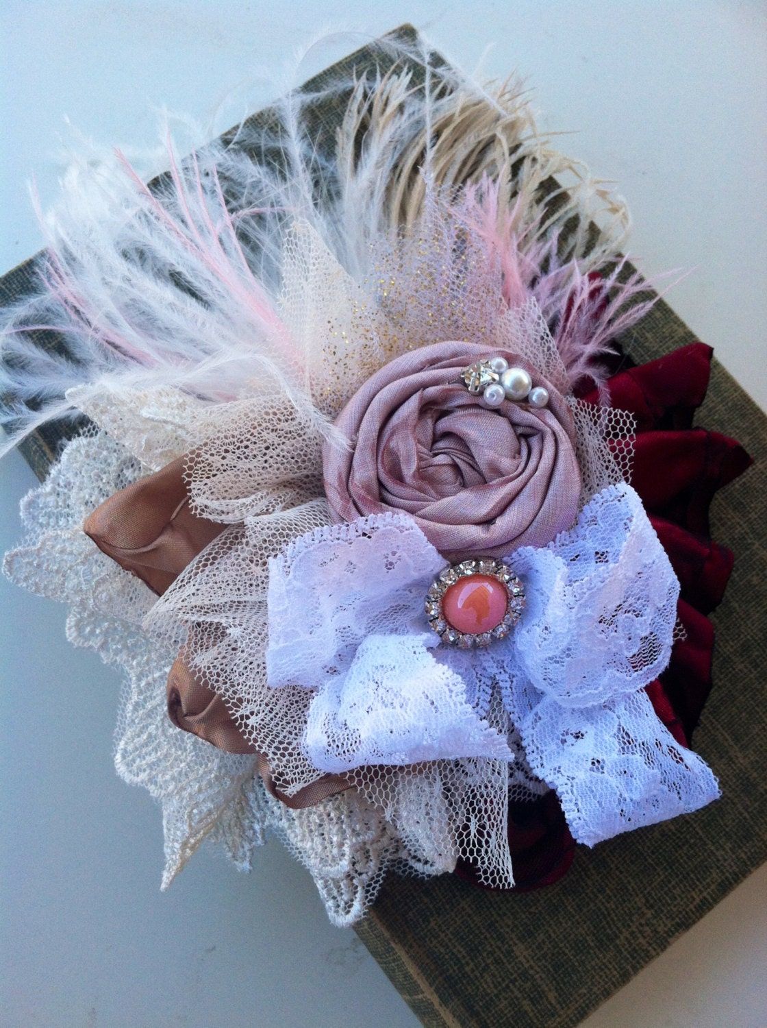 Strawberries and Wine by NEVER NOLA Tiny little Ruffled Flower Hat Pink and Maroon wine red lace vintage