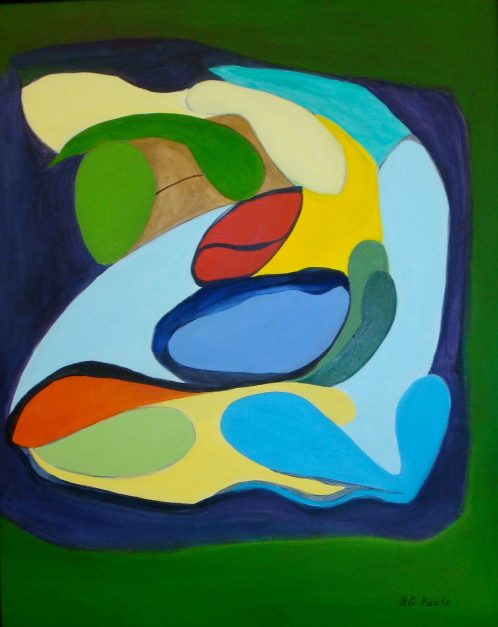 Picasso's Easterbasket, original oil and acrylic, mixed media painting 16x20 on canvas, red, blue, yellow & green