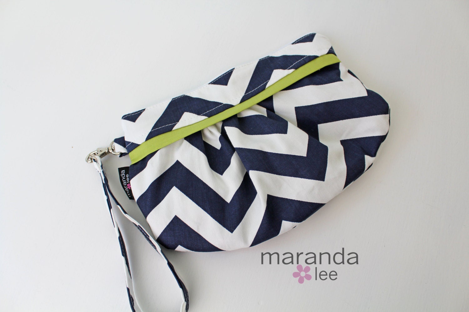 Zippered Chevron Clutch Wristlet - Navy Chevron with  Lime - Medium Coco Clutch with detachable strap - Custom -  Bridesmaid Gift