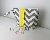 Zippered Chevron Travel Bag Clutch Wristlet  Gray Chevron and Yellow Ruffle Accent - Travel Makeup Diapers Wipes Changing Pad