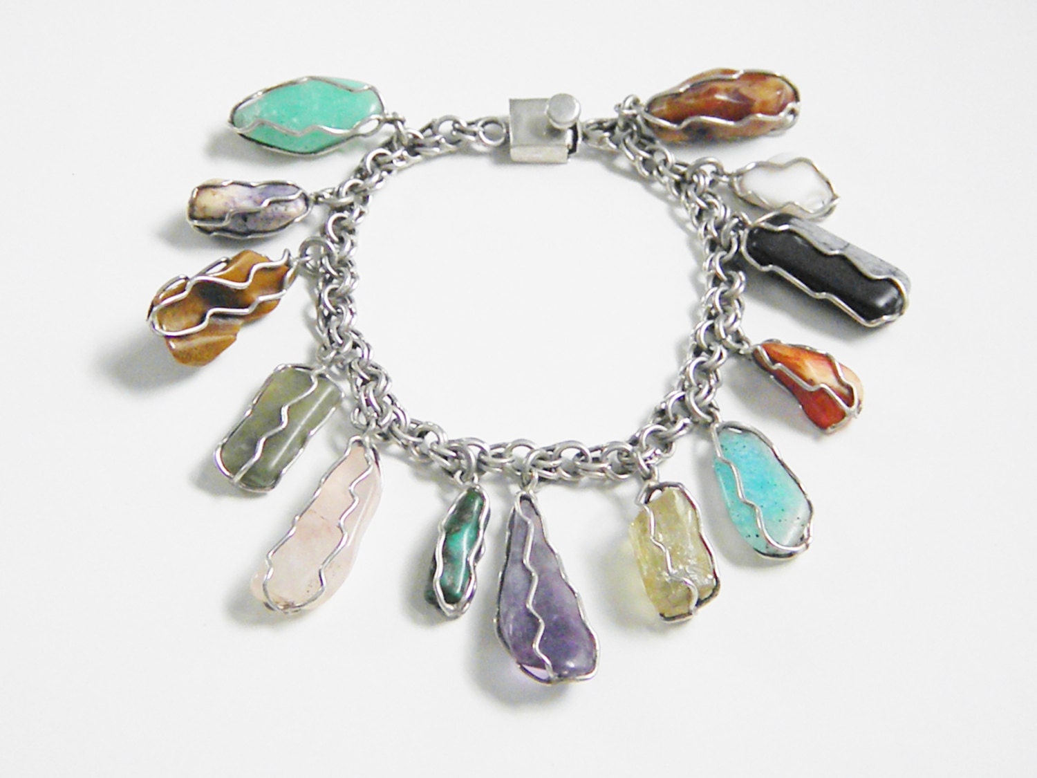 Vintage Southwestern Sterling Agate Charm Bracelet 60s