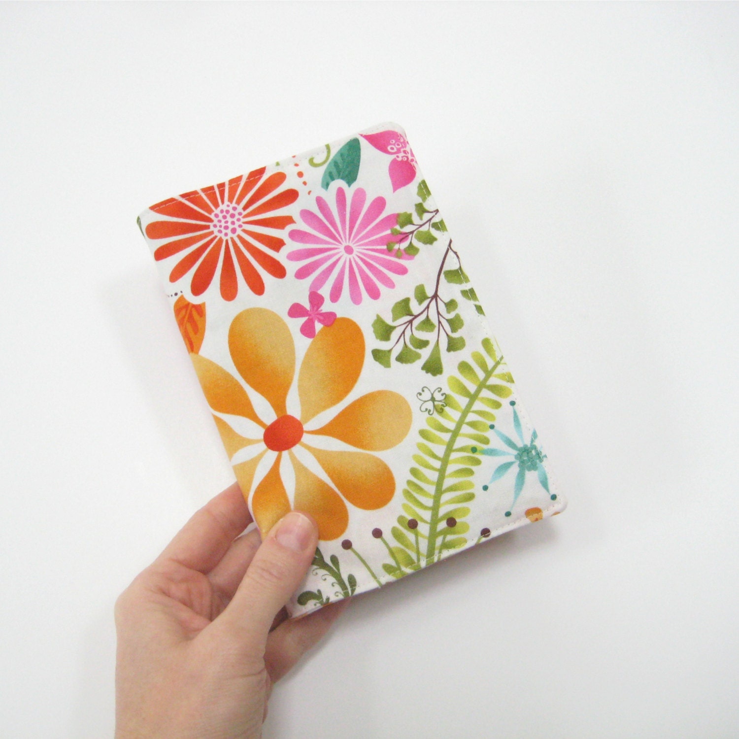 Spring floral notebook with lined or unlined A6 hardcover notebook, orange pink green white, with fabric cover