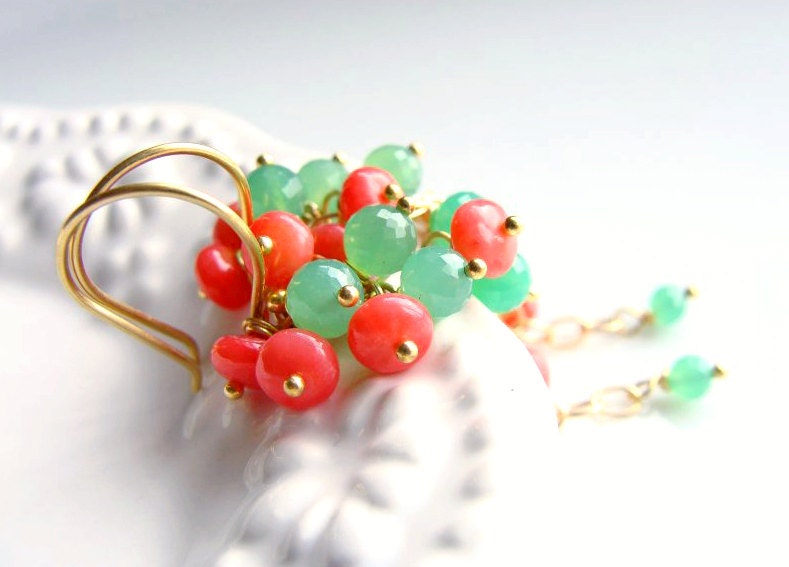 Cluster Earrings Pink Coral Earrings Mint Green Chrysoprase Green Gemstone Peach Gemstone Gold Vermeil PLUMERIA BLOSSOM earrings