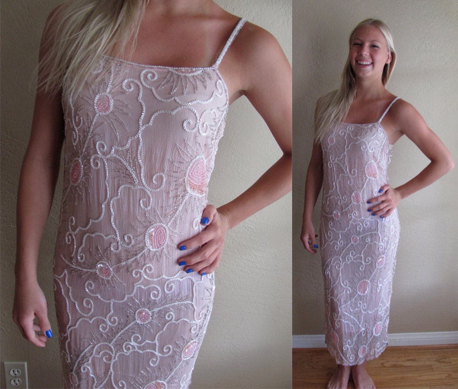 Price Reduced - Gorgeous Pale Pink Sheer Beaded Pink Dress - Size Small/Medium - Stunning Downton Abbey Party