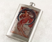 Art Nouveau Flask, Alphonse Mucha "Dance", Beautiful Pinup Woman in Red
