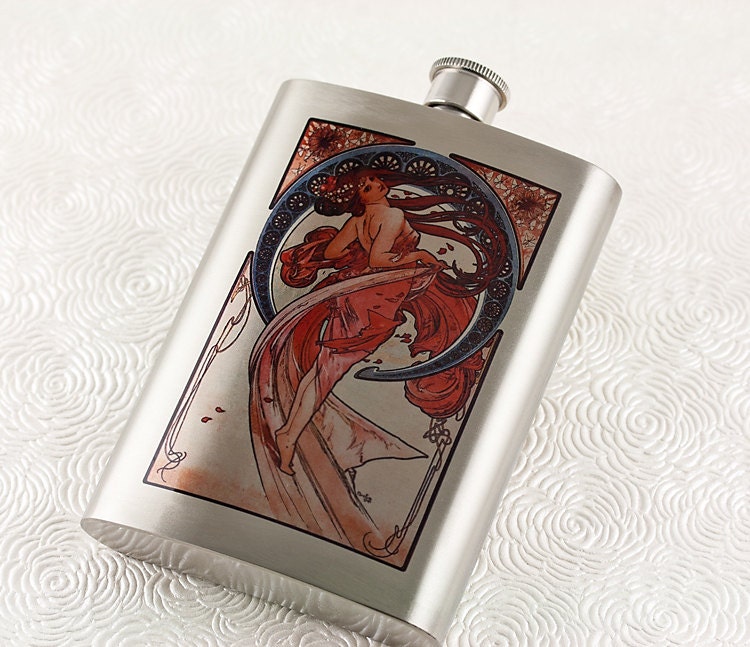 Art Nouveau Flask, Alphonse Mucha "Dance", Beautiful Pinup Woman in Red
