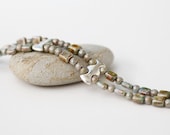 Earthy Bracelet, Sage Green Tan Picasso Czech Glass Beaded Bracelet, Sterling Silver Double Strand Bracelet