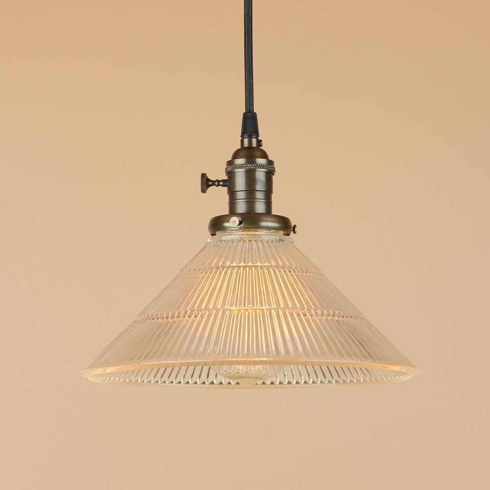 Pendant Light - Holophane Style Glass Shade - Handfinished in Oil Rubbed Bronze - Edison Light Bulb - Kitchen Decor