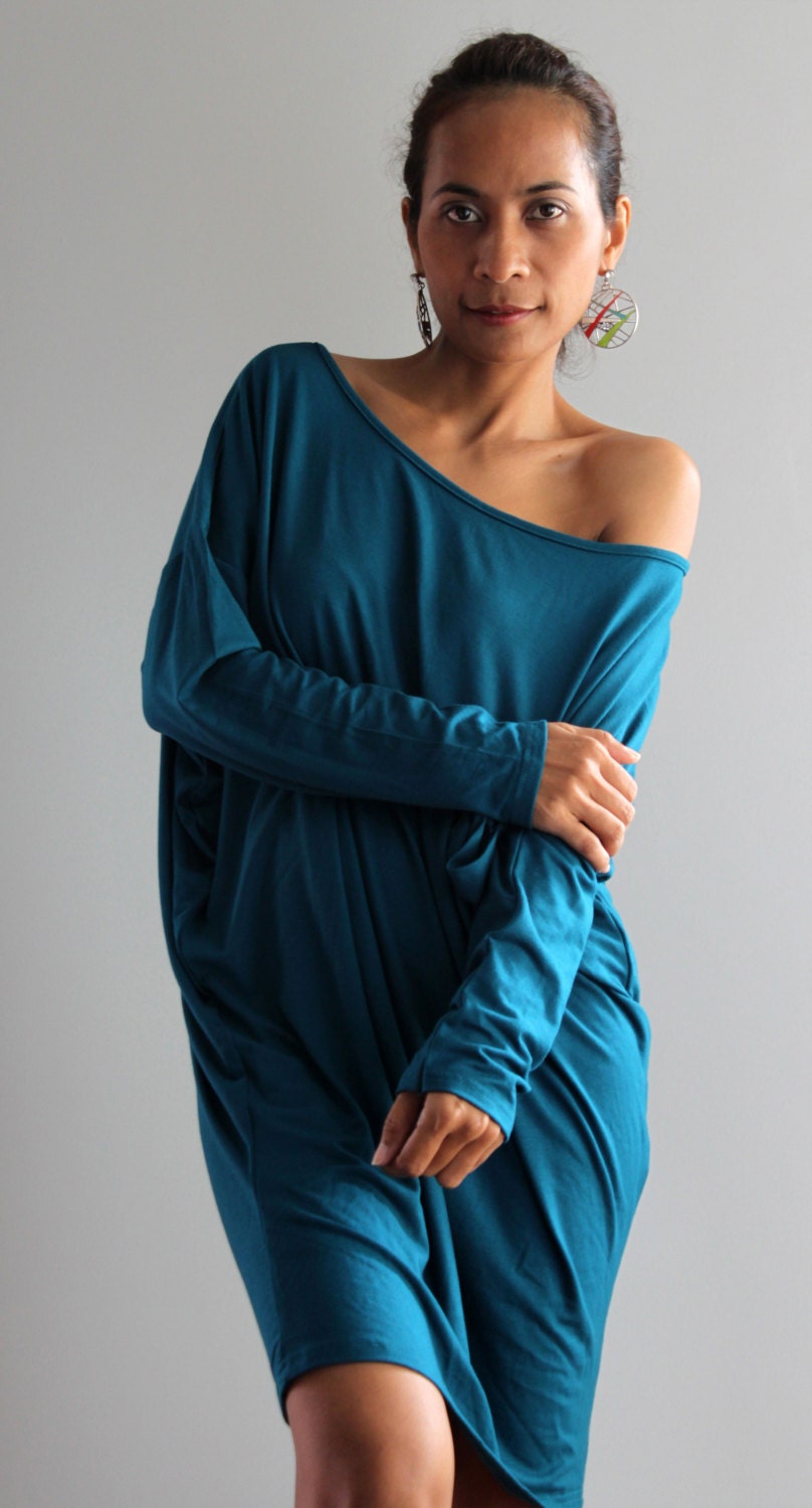 Turquoise Blouse Tunic Short Dress - loose fit Long Sleeve Dress : Urban Chic Collection No.1
