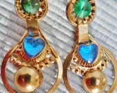 Vintage Dangle Earrings Posts Goldtone Blue Heart 2 1/8 inches