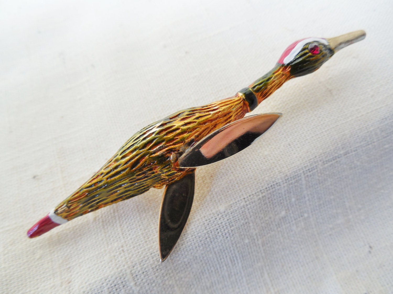 Vintage Figural Duck Pin Rhinestone Red Eye Goldtone & Silvertone