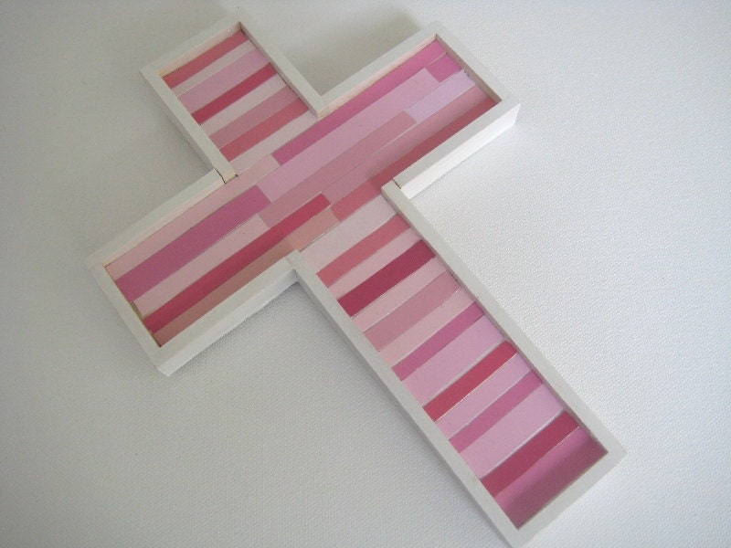 Beadboard Wooden Cross - Pinks and White