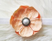 Pale Peach Flower Headband - Newborn Baby Girl - Peachy - White Pearl Center - Photo Prop - Russian Birdcage Veiling