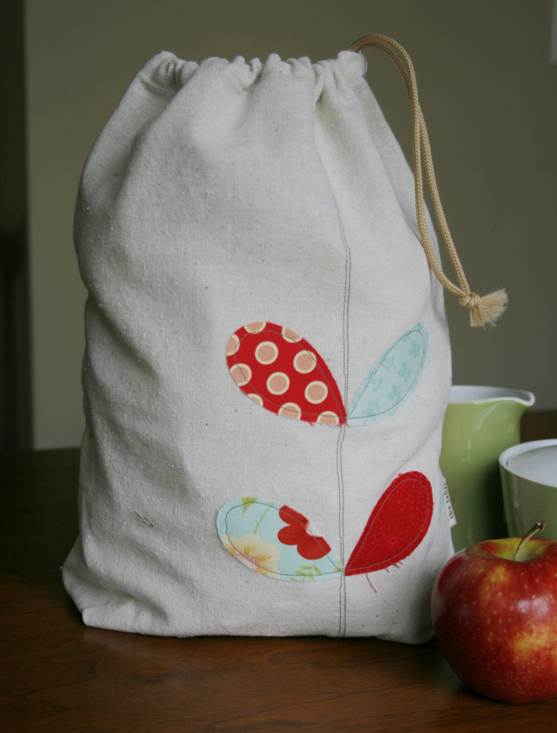 cotton produce/storage bag in red & teal leaves