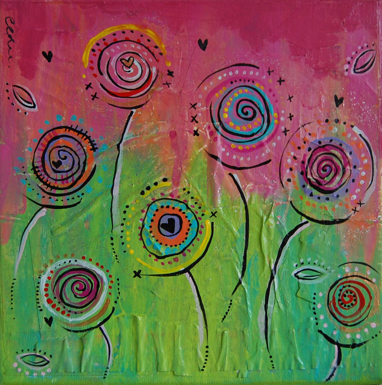 Floral Fusion.....Original Whimsical Mixed Media Artwork.....Textured Canvas Painting