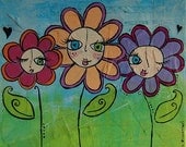 Flower Friends.......Original Mixed Media Canvas Board Painting.....Colourful Spring Painting