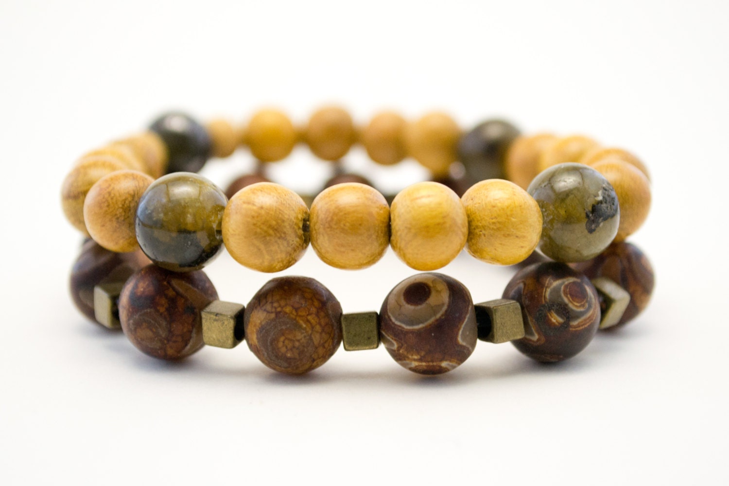 SALE - Unisex Agate and Wood Bracelet Stack, Stretch Bracelets, Wrist Mala Bracelet