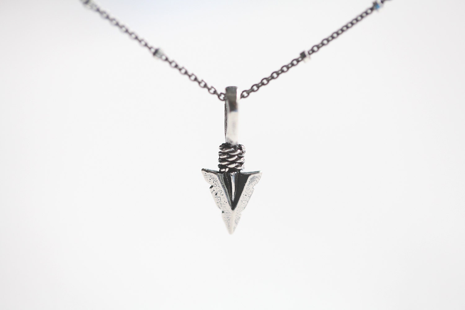 Arrowhead Necklace - sterling silver or gold arrow with oxidized beaded sterling chain, tribal jewelry