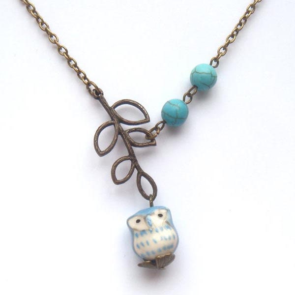 Antiqued Brass Leaf Turquoise Porcelain Owl Necklace