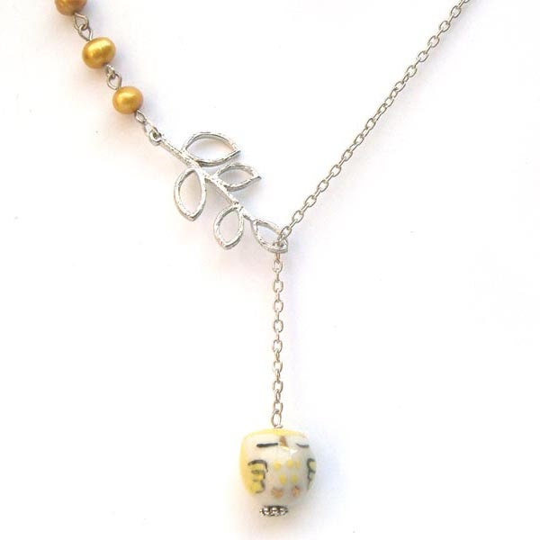 Silver Leaf Yellow Jade Quartz  Porcelain Owl Necklace