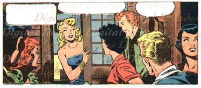 Vintage Art Illustration - Digital Image - Retro Cartoon Comic  Women Men Talk Balloon Party