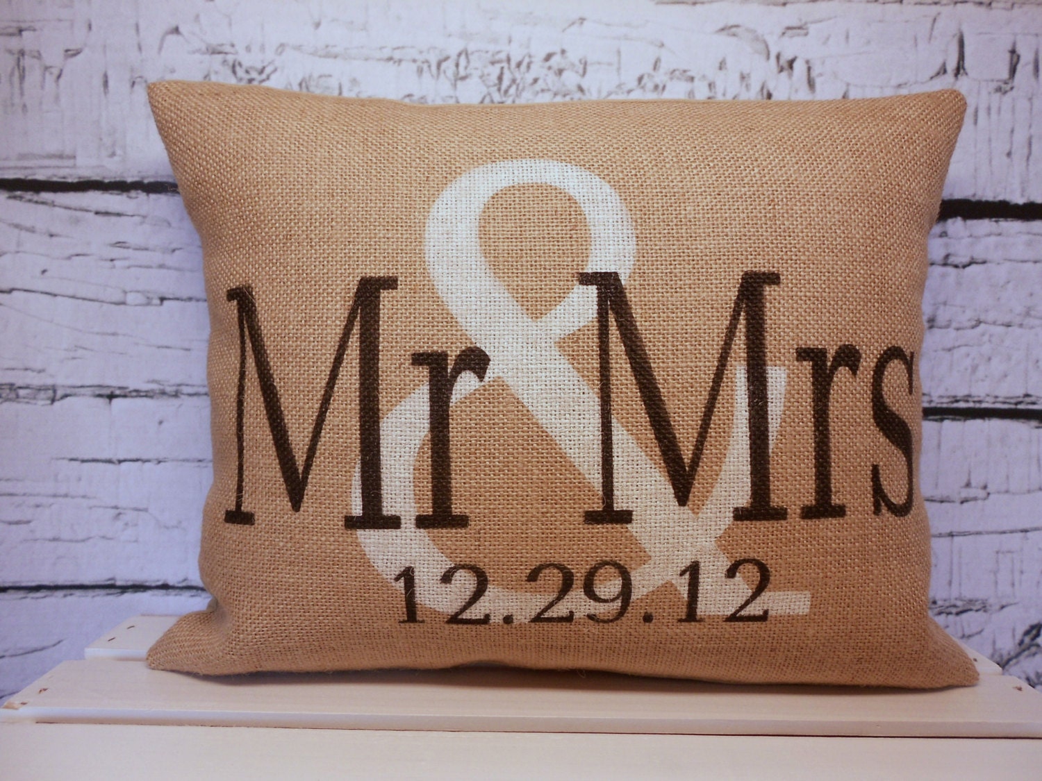 Mr & Mrs burlap personalized pillow cover in vintage white and black - Pillow Insert Sold Separately