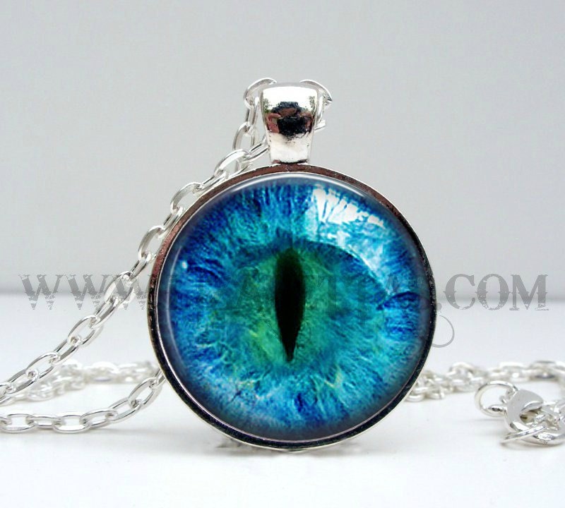 Cat Eye Necklace : Pendant. Charms. Art. Picture. Photo. Blue and Black. Handmade Jewelry. Lizabettas
